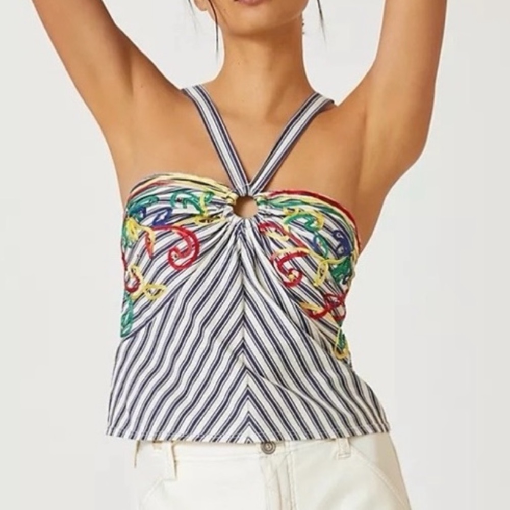 NWT Anthropologie TINY Avril Emroidered Striped Halter Tank Top
